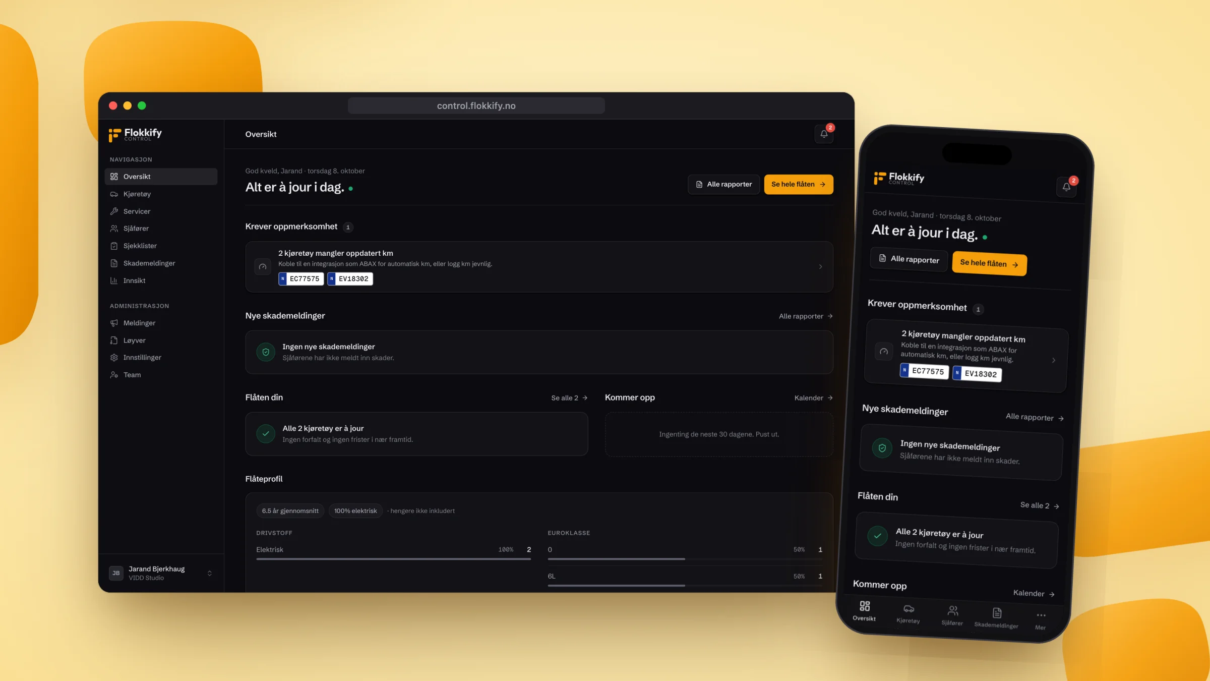 Flokkify i nettleseren og på mobil: oversikt over flåten, frister og skademeldinger